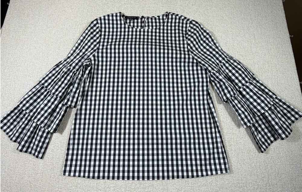 Lafayette 148 Women's Medium Black White Gingham Check Ruffle Long Sleeve Shirt